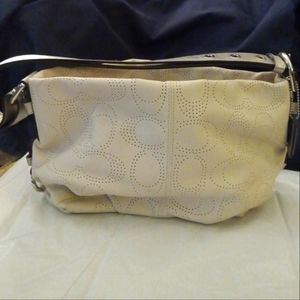 Beige Embroidered Leather Coach Hobo Bag